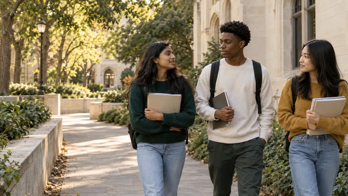 Students walking together with notebooks along a leafy campus path.